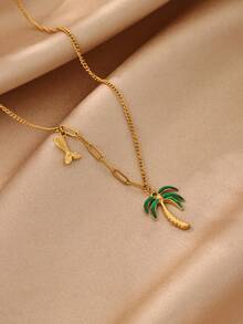 1pc Green Enamel Palm Tree Pendant Necklace, Women's Coconut Tree Stainless Steel Necklace, Tropical Bohemian Style Summer Beach Vacation Jewelry - Palm Trees - View 6