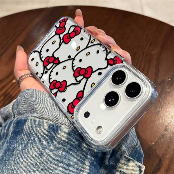 SANRIO 산리오 헬로키티 그레이 톤온톤 반복 고양이 머리 & 레드 리본 패턴 휴대폰 케이스, Apple 17/17 Pro/17 Pro Max/17 Air/16/15/14/13/12/11/X 시리즈 호환, 17 Pro Max 휴대폰 케이스, Apple 17 Pro 휴대폰 케이스, 17 휴대폰 케이스, 여자친구를 위한 이상적인 선물, 애니메이션 팬 선물