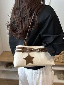 Belt Decor Handbag Shoulder Bag Star Pendant Commuter Purse For Parties Gatherings Outings Shopping Daily Use Work Bag Office Workers Elegant Women - Beige - View 3