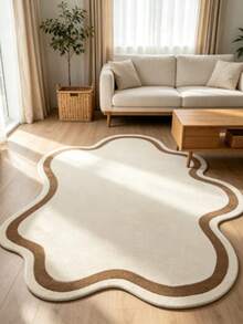1pc White Minimalist Asymmetrical Rug, Natural Wood Style, Decorative Rug, Bedroom Decor, Small Rug, Carpet, Home Decor, Living Room Rug, Living Room Small Rug, Bedroom Rug, Living Room Home Decor, Outdoor Rug, Washable Rug - Multicolor - View 3