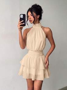 Elegante Vestido Mini de Moda con Cuello Halter, Espalda Descubierta y Volantes en Capas para Boda - Amarillo - Ver 6