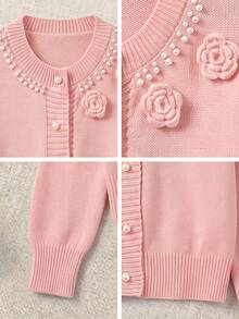 Fall Winter Women Pink Crew Neck 3D Flowers Knit Cardigan Xmas New Year Sweet Button Long Sleeve Jacket - Pink - View 11