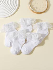 5 Pairs Girls' Sweet Cute Lace Trim White Ankle Socks, Mesh Breathable Spring/Autumn Style Student Socks, Suitable For Daily Wear And Back To School Season - White - View 6