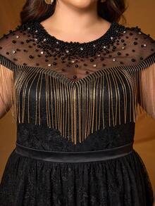 Anpoket Black Plus Size Lace A-Line Gown With Fringe & Beaded Neck, Elegant Women's Summer Prom & Bridal Evening Dress For Party & Festival - Black - View 1