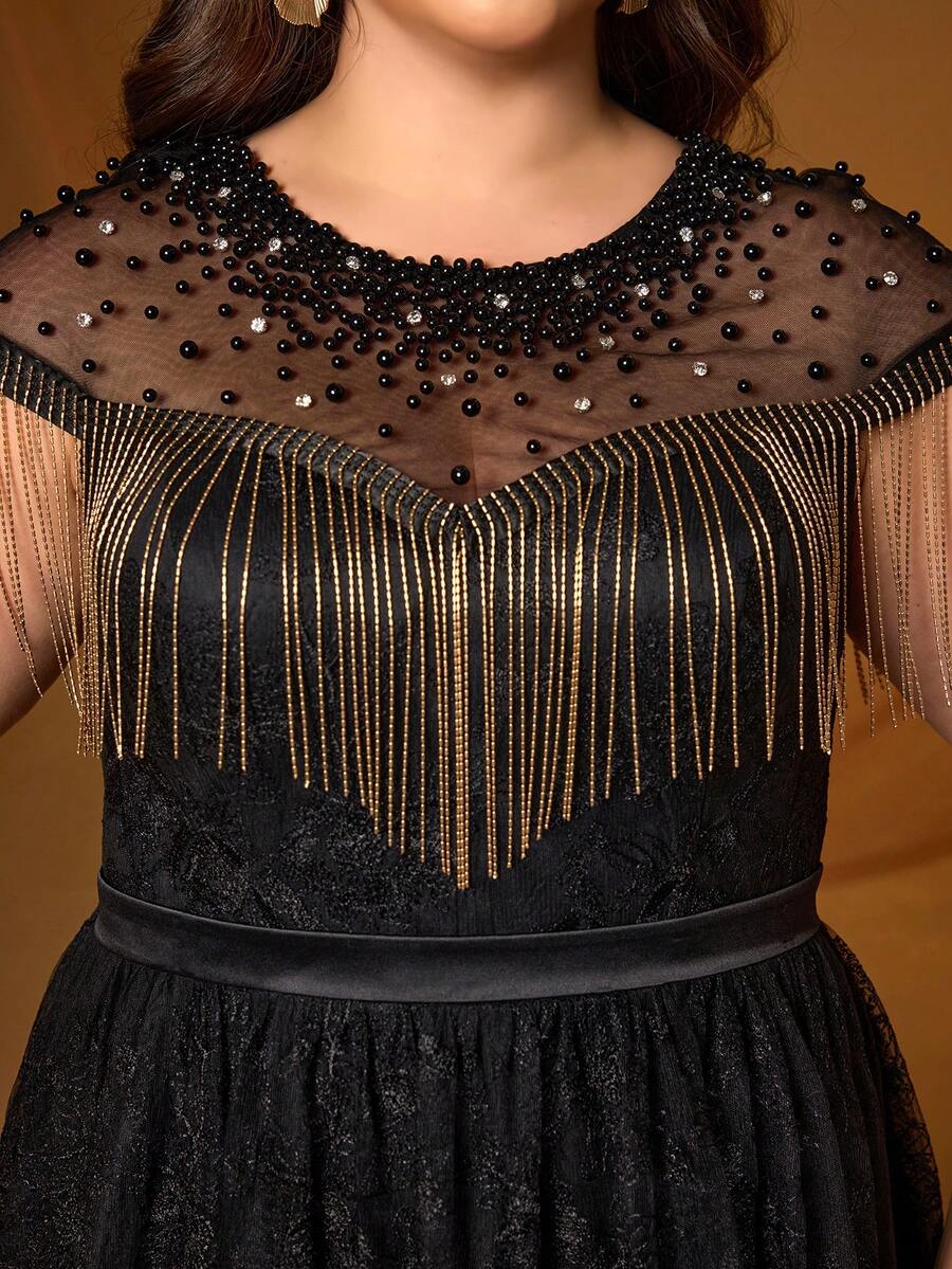 Anpoket Black Plus Size Lace A-Line Gown With Fringe & Beaded Neck, Elegant Women's Summer Prom & Bridal Evening Dress For Party & Festival - Black - View 1