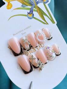 12pcs French Black & White Polka Dot Gradient Medium Length Press-On Nails, Reusable - 黑與白 - 查看 4