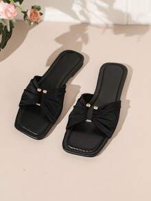 Women's Ruched Fabric Square Toe Flat Slide Sandals, Metal Ring Toe Strap Slippers, Minimalist Slouchy, Casual Daily Home & Outdoor Dual-Use, Summer Versatile Vacation Beach Soft Sole Comfortable Open Toe Slides - Black - View 6