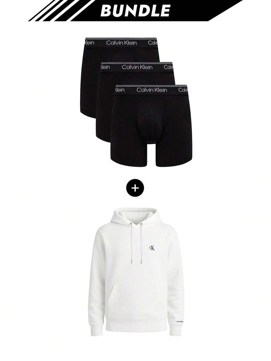 Calvin Klein [Bundle] Top Selling 3 Packs Men's Boxers + Washed Monologo Essential Men's Hoodie White - Black+White - View 1