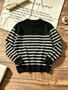 Tween Boys Color Block Striped Crew Neck Knit Sweater, Soft Long Sleeve Basic Pullover Jumper For Fall Winter School Daily Wear - Black - View 4