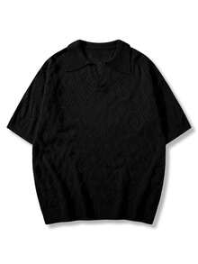 Men's Neutral Polo Collar Knit Top, Casual Business Commute Short Sleeve Loose Pullover T-Shirt, Spring/Summer - Black - View 4