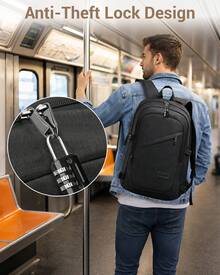 Laptop Backpack 15.6 Inch Large Travel Rucksack USB Charging Port Anti Theft Lock Water Resistant Computer Backpack For Men Women School Office - 黑色 - 查看 3