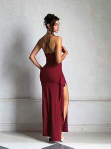 Women's Summer Red Cowl Neck Spaghetti Strap Slit Dress, Birthday Holiday Party Beach - Burgundy - View 6