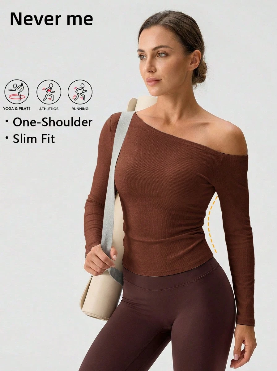 Never me Women's Solid Color Asymmetric Neck Asymmetric Neck Sports T-Shirt, Minimalist Slim Fit Elastic Diagonal Shoulder Design Yoga Wear Long Sleeve - Red Orange - View 1