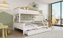 Double Bed Frame With Windmill, With Shelves, Children's Bed, With Colorful Safety Net, With 4-Step - Natural and White - 查看 6