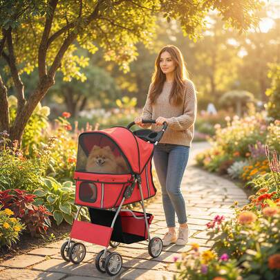 PawHut Pet Stroller With Reflective Strips, Foldable Cat Stroller With 360° Swivel Wheels, Brake And Washable Mat For Small Dogs And Cats, Red