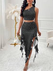 Amarilo Women's Sexy One-Shoulder Ruched Top And Ruffle Slit Thigh Skirt Set - Black Background With White Dots - View 1