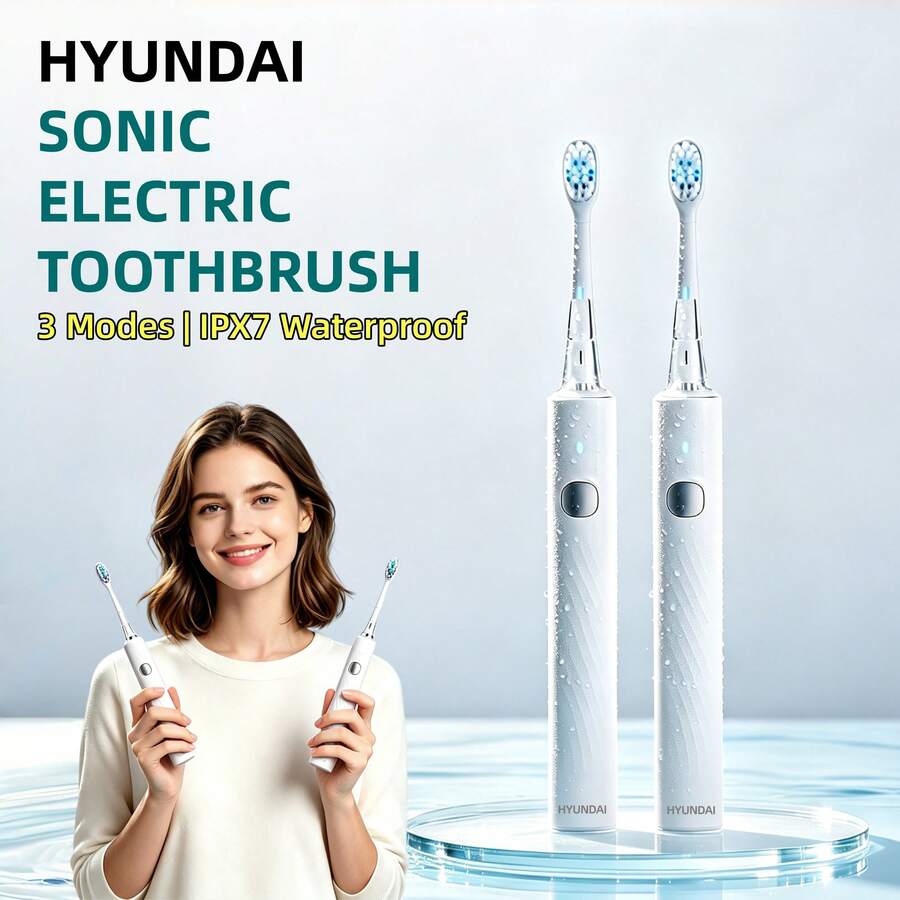 HYUNDAI Adult Electric Toothbrush, USB Rechargeable With 3 Cleaning Modes, IPX7 Waterproof, Long Battery Life, With Replaceable Brush Heads Travel Use - White - View 1