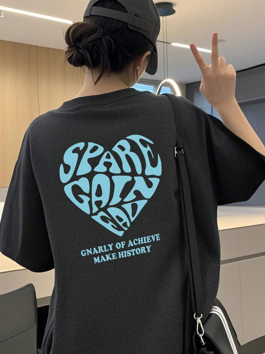 Kaos Wanita Kasual Leher Bulat Motif Huruf & Hati Longgar Lengan Pendek, Serbaguna untuk Musim Semi/Panas - Dark Grey - View 1