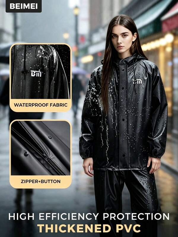 High-Quality Full Zip Raincoat Set - Men's Raincoat And Pants Set, Women's Raincoat, Detachable Heavy Duty Motorcycle Rain Gear, Black, Suitable For Cycling, Outdoor, Hiking, Fishing, Climbing And Other Outdoor Activities, Raincoat/Rain Jacket/Waterproof Coat Durable All-Weather Motorcycle And Outdoor Gear, Full Zip PFC Coated PVC Raincoat And Pants