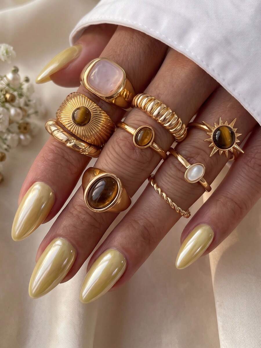 9pcs/Set French Tiger Eye Stone Vintage Ring Set, Suitable For Party, Gift, Daily Wear, Adult Gift - Gold - View 1