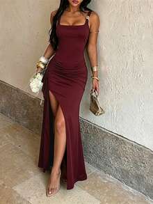 1pc Solid Color Elegant Casual Sexy Party Knit Fabric Asymmetric Dress Formal Evening Wear Autumn - Burgundy - View 2