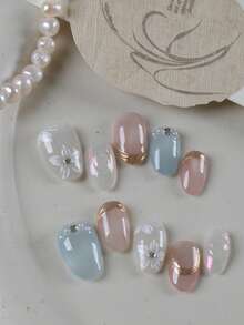 10pcs Press On Nails White Flower Blue Pink Golden Nails Press On Faux Ongles Handmade Press On Nails Supplies Fake Nails Short Office DailyWear False Nails Artificial Nails Kit Includes 1sheet Adhesive Tabs &1 Pc Mini File - Multicolor - View 3