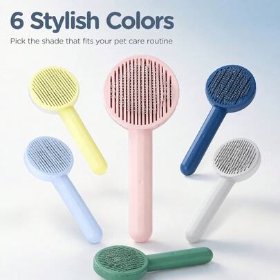 7Alas 1pc Pet Grooming Brush Self Cleaning Round Brush With One Click Hair Release Dense Teeth For Cats Dogs Rounded Tips Portable Lightweight For Daily At Home And Travel Supplies