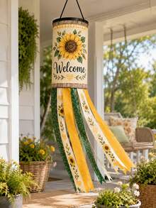 1pc Sunflower Welcome Wind Vane, Farmhouse Style Polyester Hanging Wind Chime With Cylindrical Top, Yellow-Green Long Tassel Tail, Floral Heart Print, Suitable For Porch, Patio, Balcony, Garden, Yard, Front Door, Summer & Autumn Home Decor - A - View 10