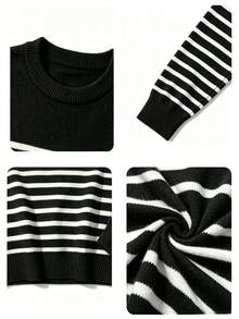 Tween Boys Color Block Striped Crew Neck Knit Sweater, Soft Long Sleeve Basic Pullover Jumper For Fall Winter School Daily Wear - Black - View 5