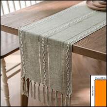 1pc Sage Green & White Woven Striped Table Runner, Rustic Country Style, Blended Material, Long Rectangular Shape With Tassel Edges And Woven Craftsmanship Details, Decorative Functional Table Runner For Daily Home Dining Table Arrangement And Fresh Natural Restaurant Decor Scenes - Green - View 9