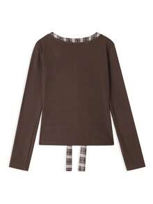 Women's Brown Ribbed Knit Top, Plaid Lace-Up Front, Long Sleeve Button Shirt, Autumn Essential - Rust Brown - View 5