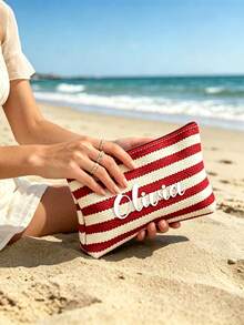Customized Text Large Capacity Striped Beach Tote Bag & Cosmetic Bag Set - Personalized Canvas Shoulder Bag. Travel Bag Friendly Shopping Bag. - Multicolor - View 2