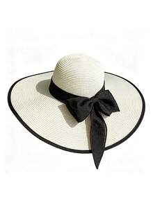 1 Stück Damen einfarbiger lässiger eleganter bohemischer Strohhut, runder Sonnenhut, geeignet für Urlaub, Strand, alle Jahreszeiten Mode, vielseitig für den Alltag (Wenn der Hut Falten hat, bitte mit einem Bügeleisen glätten, dann wird er wiederhergestellt) - Milchig weiß - Übersicht 8