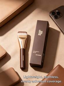 GUOXIAONIU فرشاة أساس مسطحة K-Beauty بمقبض خشبي قصير وشعيرات ناعمة وكثيفة، ناعمة بدون تكتل للمبتدئين - بني - مشاهدة 9