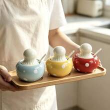2pcs Cute Polka Dot Mushroom Ceramic Seasoning Jar Set With Lids And Spoons, Airtight Spice Storage Containers With Bamboo Tray, Dust-Proof Condiment Holder For Kitchen Countertop Cooking, Adorable Kitchen Gadget Gift For Home Cooks - View 6