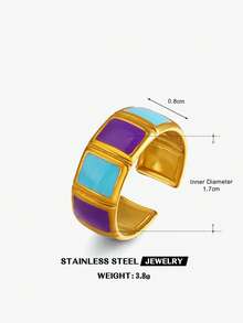 1pc Stainless Steel 18K Gold Plated Colorful Oil Drop Geometric Open Ring, Suitable For Women's Daily Wear And Shopping - Multicolor - View 8