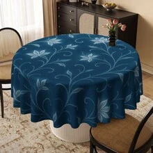 1pc Round Tablecloth, Table Cover, Round Table Cover, White Floral Design, Navy Blue Background, Perfect For Christmas, New Year, Valentine's Day, Easter, Mother's Day, Father's Day, Halloween, Thanksgiving, Celebrations, Picnics - Round - View 1