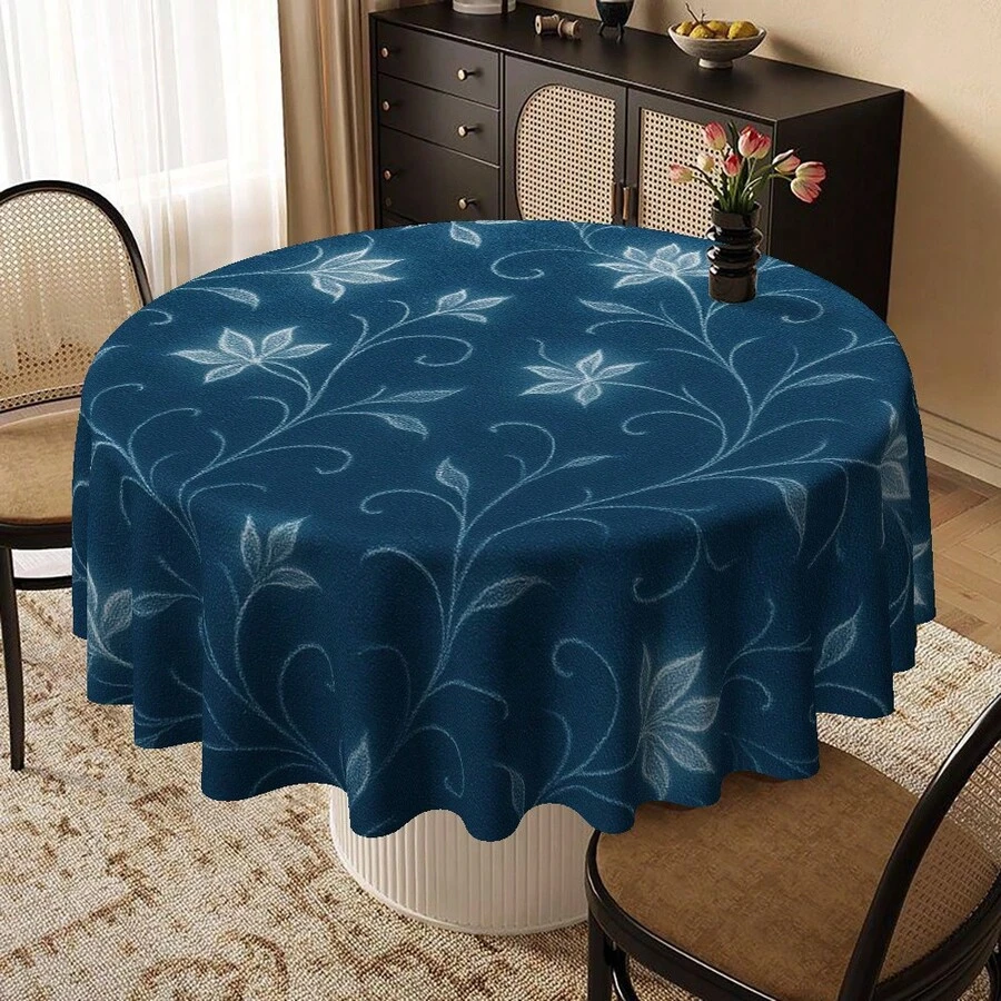 1pc Round Tablecloth, Table Cover, Round Table Cover, White Floral Design, Navy Blue Background, Perfect For Christmas, New Year, Valentine's Day, Easter, Mother's Day, Father's Day, Halloween, Thanksgiving, Celebrations, Picnics - Round - View 1