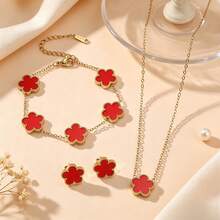1 Set Elegant Fashion Stainless Steel Gold-Plated Lucky Five-Leaf Clover Bracelet Necklace Earrings, Suitable For Party, Wedding Occasions - Multicolor - View 10