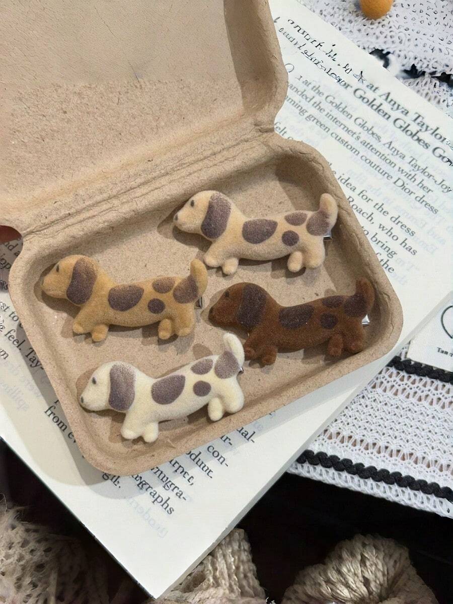 4PCS Flocked Spotted Dachshund Puppy Hair Clips, Cute Cartoon Puppy Hair Accessories, 3D Flocked Multi-Color Design, Daily Wear, Cartoon 3D Lively And Interesting - Multicolor - View 1