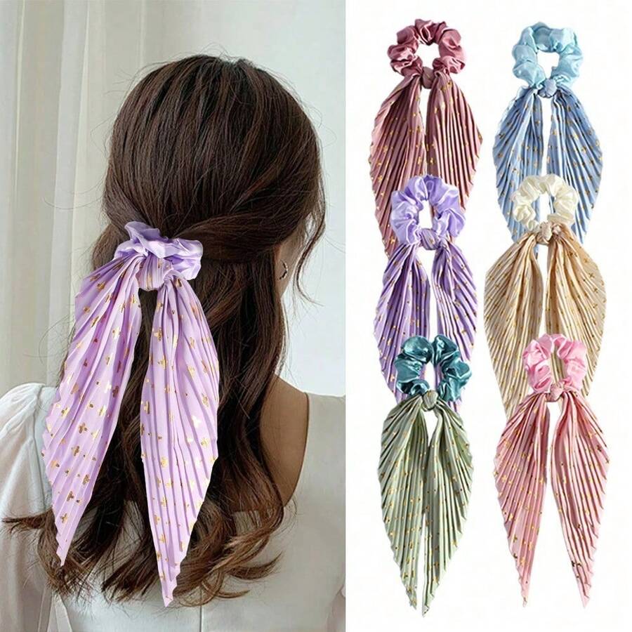 1/2pcs New Fashionable Handmade Folded Large Intestine Hair Ring, Retro Strap Women's Tail Hair Ring Hair Rope - Multicolor - View 1