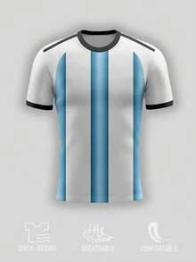 1pc Customized Argentina Theme Football T-Shirt: White & Blue Color Scheme, Customization Service - Add Your Name, Favorite Number And Unique Design Elements. Perfect Gift. - Blue and White - View 2