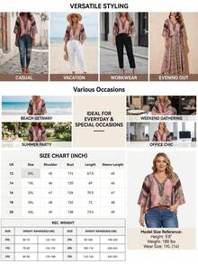Plus Size Women's Vintage Leopard Print V-Neck 3/4 Sleeve Blouse Pink Spring Summer Vacation - Pink - View 3
