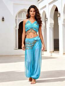 Belly Dance Tassel Coin Sequin Halter Neck Crop Top With Waist Scarf, Polka Dot Mesh Sheer Harem Pants, Suitable For Morocco Riad Vacation And Stage Performance - Multicolor - View 5