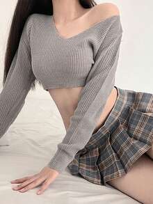 1套（毛衣*1 + 迷你裙*1）學生JK格紋超短裙低領毛衣套裝百褶裙Cosplay - 灰色 - 查看 5