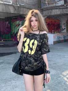 女款復古美式迷彩不對稱肩設計寬鬆休閒修身T恤，適合度假夏季 - 綠色 - 查看 1