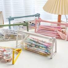Macaron Colorful Border Transparent Pencil Case, Trapezoid Zipper Transparent Bag Design, Solid Color Minimalist No Print Design, Pink Yellow Blue White Green Fresh Macaron Color Scheme, Stationery Storage, Desktop Makeup Small Tool Sorting Function, Exam, Practice, Office Storage, Beauty Small Item Sorting, Portable Stationery Scenario Applicable, Room Decoration, Office Desk Accessory - Multiple Styles - View 2