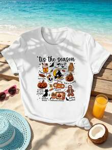 Camiseta de Halloween para mujer con strega y zucca. Tessuto di qualità, vestibilità comoda, stile street hip-hop, traspirante. - Blanco - Ver 2