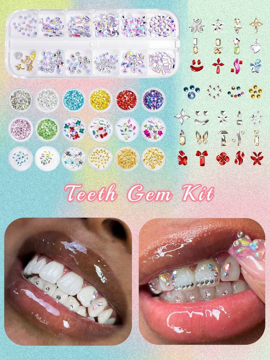 59 piezas/1 set de accesorios para dientes con patrón geométrico vintage Y2K, incrustaciones asimétricas con strass, apto para uso diario y fiestas (pegamento no incluido) - 59 piezas multicolor - Ver 1