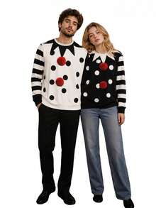 Couples Halloween Clown Costume 2-Person Conjoined Pullovers For Cosplay - Black and White - View 5